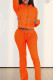 Orange Casual Solid Color Draw String Pocket Patchwork Zipper Hooded Long Sleeve Two Pieces