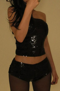 Black Sexy Solid Color Sequins Patchwork Backless Strapless Two Pieces
