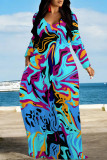 Blue Purple Elegant Floral Print Pocket Contrast V Neck Printed Dresses