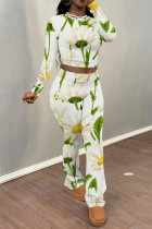 White Apricot Casual Street Floral Print Contrast O Neck Long Sleeve Two Pieces