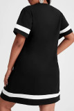 Black Casual Letters Patchwork Contrast O Neck Straight Dresses