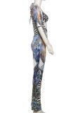 Blue Casual Print Patchwork Halter Short Sleeve Two Pieces
