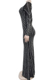 Black Elegant Patchwork Hot Drill Zipper O Neck Long Dresses