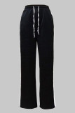 Black Casual Draw String Patchwork Contrast Loose Mid Waist Conventional Patchwork Bottoms
