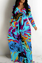 Blue Elegant Floral Print Pocket Contrast V Neck Printed Dresses