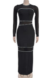 Black Casual Patchwork Mesh Hot Drill Zipper O Neck Long Dresses