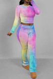 Powder Blue Casual Print Patchwork O Neck Long Sleeve Two Pieces