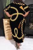Black Gold Casual Chain print Pocket Contrast O Neck Printed Plus Size Dresses