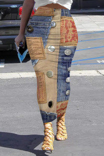 Multicolor Casual Street Faux Denim Print Contrast Skinny High Waist Full Print Bottoms