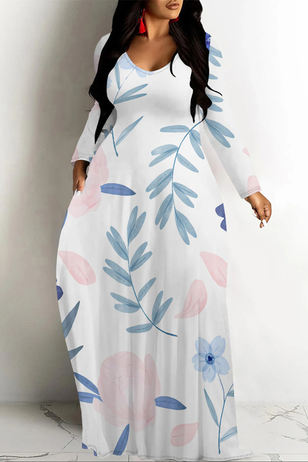 White Pink Elegant Floral Print Pocket Contrast V Neck Printed Dresses