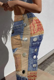 Baby Blue Casual Street Faux Denim Print Contrast Skinny High Waist Full Print Bottoms