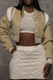 Khaki Casual Buckle Patchwork Contrast Baseball Collar Outerwear