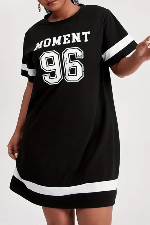 Black Casual Letters Patchwork Contrast O Neck Straight Dresses