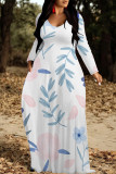 Blue Purple Elegant Floral Print Pocket Contrast V Neck Printed Dresses