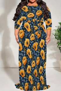 Multicolor Casual Print Patchwork Strap Design O Neck Long Plus Size Dresses