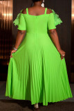 Green Elegant Solid Color With Belt Stringy Selvedge Pleated Asymmetrical Collar Long Dresses