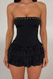 Black Sexy Solid Color Patchwork Backless Strapless Mini Dresses
