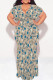 Blue Sexy Floral Print Lace Up V Neck Printed Plus Size Dresses