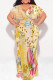 Yellow Sexy Floral Print Lace Up V Neck Printed Plus Size Dresses