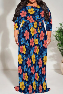 Blue Yellow Casual Print Patchwork Strap Design O Neck Long Plus Size Dresses