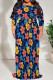 Blue Yellow Casual Print Patchwork Strap Design O Neck Long Plus Size Dresses