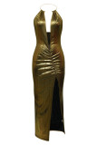 Gold Sexy Hot Solid Color Backless Slit Halter Long Dresses