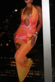 Orange Elegant Print Hollow Out Patchwork Halter Long Dresses