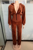 Brown Casual Solid Color Zipper Hooded Fitted Jumpsuits