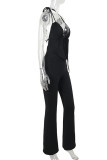 Black Sexy Solid Color Patchwork Backless Strap Design Halter Regular Jumpsuits