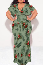 Green Sexy Floral Print Lace Up V Neck Printed Plus Size Dresses
