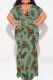 Green Sexy Floral Print Lace Up V Neck Printed Plus Size Dresses