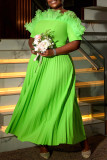 Green Elegant Solid Color With Belt Stringy Selvedge Pleated Asymmetrical Collar Long Dresses