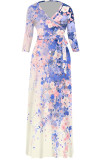 Blue Elegant Floral Print Gradient Lace Up Contrast V Neck Printed Dresses