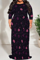 Black Casual Print Patchwork Strap Design O Neck Long Plus Size Dresses