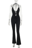 Black Sexy Solid Color Patchwork Backless Strap Design Halter Regular Jumpsuits