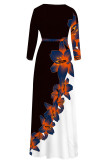 Blue Elegant Floral Print Gradient Lace Up Contrast V Neck Printed Dresses
