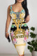 Beige Sexy Letter Print Flowers Contrast U Neck Printed Dresses