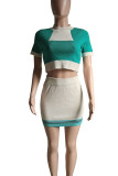 Colour Casual Patchwork Contrast O Neck Short Sleeve Two Pieces