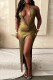 Gold Sexy Hot Solid Color Backless Slit Halter Long Dresses