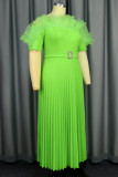 Green Elegant Solid Color With Belt Stringy Selvedge Pleated Asymmetrical Collar Long Dresses