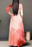 Blue Elegant Floral Print Gradient Lace Up Contrast V Neck Printed Dresses