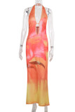 Orange Elegant Print Hollow Out Patchwork Halter Long Dresses