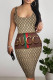 Khaki Sexy Letter Print Stripe U Neck Printed Dresses
