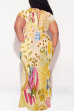 Khaki Sexy Floral Print Lace Up V Neck Printed Plus Size Dresses