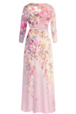 Blue Elegant Floral Print Gradient Lace Up Contrast V Neck Printed Dresses