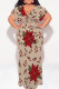 Khaki Sexy Floral Print Lace Up V Neck Printed Plus Size Dresses