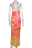Orange Elegant Print Hollow Out Patchwork Halter Long Dresses