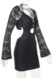 Black Sexy Solid Color Lace Hollow Out Patchwork V Neck Wrapped Skirt Dresses