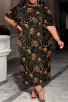 Multicolor Casual Print Patchwork O Neck Long Plus Size Dresses