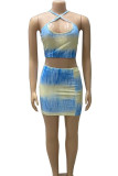 Pink Sexy Tie Dye Patchwork Backless Spaghetti Strap Two Pieces